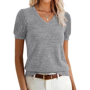 image:imageANRABESS Womens Tops Summer Sweaters Dressy Casual V Neck Tunic Blouses Short Sleeve Basic Tee Shirts 2026 Trendy ClothesGray