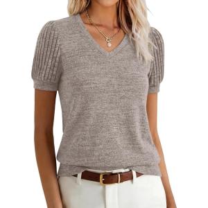 image:imageANRABESS Womens Tops Summer Sweaters Dressy Casual V Neck Tunic Blouses Short Sleeve Basic Tee Shirts 2026 Trendy ClothesKhaki