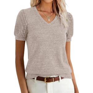 image:imageANRABESS Womens Tops Summer Sweaters Dressy Casual V Neck Tunic Blouses Short Sleeve Basic Tee Shirts 2026 Trendy ClothesParchment