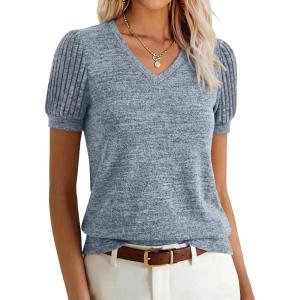 image:imageANRABESS Womens Tops Summer Sweaters Dressy Casual V Neck Tunic Blouses Short Sleeve Basic Tee Shirts 2026 Trendy ClothesSky Blue