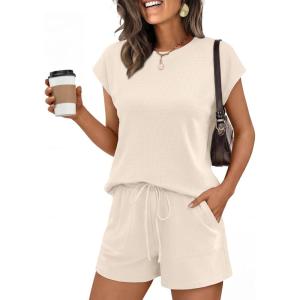 image:imageANRABESS Womens Waffle Knit 2 Piece Short Sets Cap Sleeve Summer 2026 Matching Lounge Outfits Travel Beach Vacation SweatsuitAlmond
