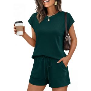 image:imageANRABESS Womens Waffle Knit 2 Piece Short Sets Cap Sleeve Summer 2026 Matching Lounge Outfits Travel Beach Vacation SweatsuitDeep Green