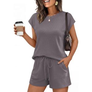 image:imageANRABESS Womens Waffle Knit 2 Piece Short Sets Cap Sleeve Summer 2026 Matching Lounge Outfits Travel Beach Vacation SweatsuitGrey