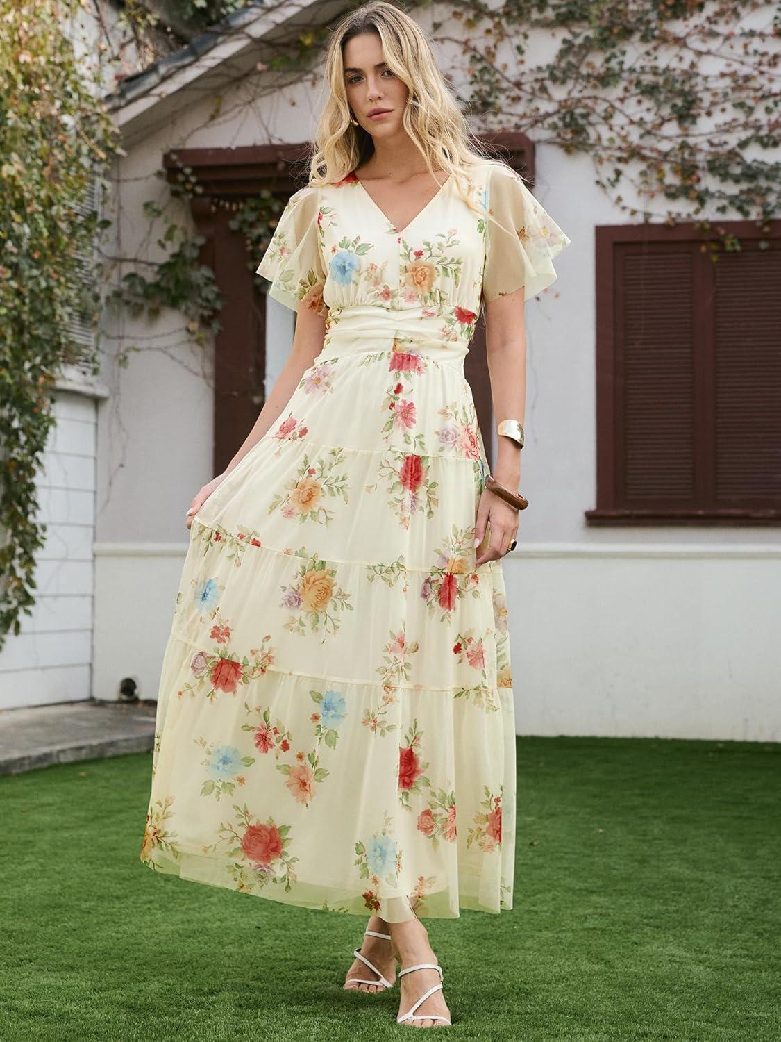 image:imageANRABESS Womens Summer Floral Maxi Dress Short Sleeve Flowy Tulle Wedding Guest Beach Vacation 2026 Spring Party Long DressesMulticolored Rose Apricot