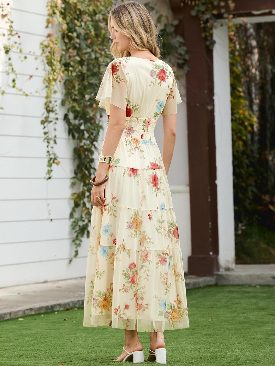 image:imageANRABESS Womens Summer Floral Maxi Dress Short Sleeve Flowy Tulle Wedding Guest Beach Vacation 2026 Spring Party Long DressesMulticolored Rose Apricot