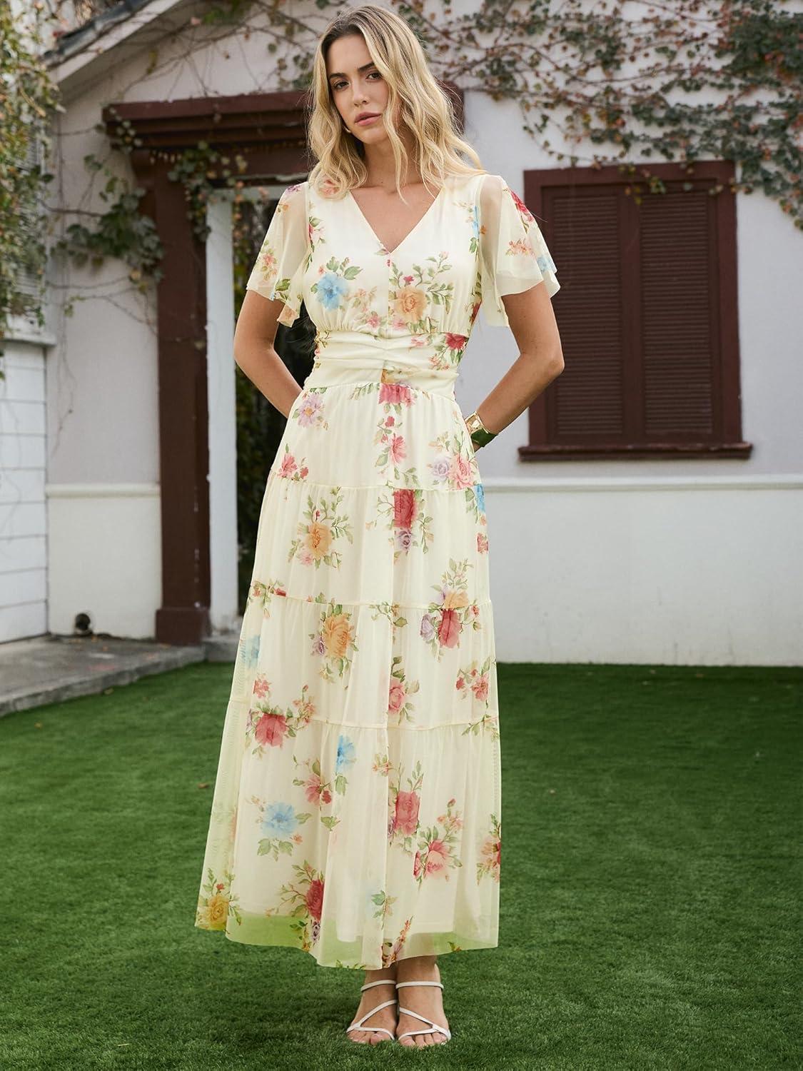 image:imageANRABESS Womens Summer Floral Maxi Dress Short Sleeve Flowy Tulle Wedding Guest Beach Vacation 2026 Spring Party Long DressesMulticolored Rose Apricot