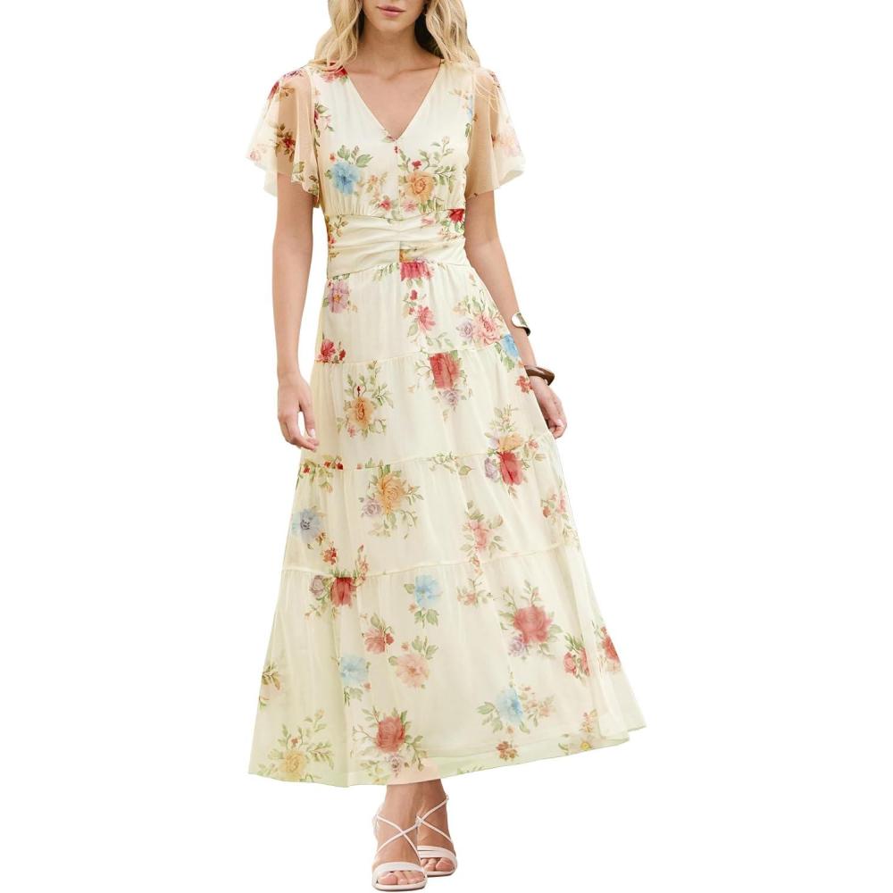 image:imageANRABESS Womens Summer Floral Maxi Dress Short Sleeve Flowy Tulle Wedding Guest Beach Vacation 2026 Spring Party Long DressesMulticolored Rose Apricot