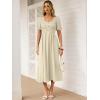 image:imageANRABESS Women Summer Casual Puff Short Sleeve Square Neck Smocked Button Up High Waist Flowy Vacation Midi Dresses amp PocketsBeige