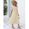image:imageANRABESS Women Summer Casual Puff Short Sleeve Square Neck Smocked Button Up High Waist Flowy Vacation Midi Dresses amp PocketsBeige