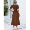 image:imageANRABESS Women Summer Casual Puff Short Sleeve Square Neck Smocked Button Up High Waist Flowy Vacation Midi Dresses amp PocketsBrown