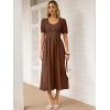 image:imageANRABESS Women Summer Casual Puff Short Sleeve Square Neck Smocked Button Up High Waist Flowy Vacation Midi Dresses amp PocketsBrown