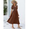 image:imageANRABESS Women Summer Casual Puff Short Sleeve Square Neck Smocked Button Up High Waist Flowy Vacation Midi Dresses amp PocketsBrown