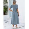 image:imageANRABESS Women Summer Casual Puff Short Sleeve Square Neck Smocked Button Up High Waist Flowy Vacation Midi Dresses amp PocketsGrey Blue
