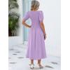 image:imageANRABESS Women Summer Casual Puff Short Sleeve Square Neck Smocked Button Up High Waist Flowy Vacation Midi Dresses amp PocketsLight Purple