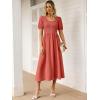 image:imageANRABESS Women Summer Casual Puff Short Sleeve Square Neck Smocked Button Up High Waist Flowy Vacation Midi Dresses amp PocketsOrange Red
