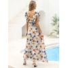 image:imageANRABESS Women V Neck Ruffle Sleeve Floral Pleated Maxi Dresses Summer Boho Belt Empire Waist Wedding Guest Party Flowy DressApricot Floral