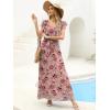 image:imageANRABESS Women V Neck Ruffle Sleeve Floral Pleated Maxi Dresses Summer Boho Belt Empire Waist Wedding Guest Party Flowy DressFloral Red Rose