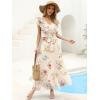 image:imageANRABESS Women V Neck Ruffle Sleeve Floral Pleated Maxi Dresses Summer Boho Belt Empire Waist Wedding Guest Party Flowy DressMulticolored Rose Apricot