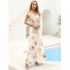 image:imageANRABESS Women V Neck Ruffle Sleeve Floral Pleated Maxi Dresses Summer Boho Belt Empire Waist Wedding Guest Party Flowy DressMulticolored Rose Apricot