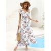 image:imageANRABESS Women V Neck Ruffle Sleeve Floral Pleated Maxi Dresses Summer Boho Belt Empire Waist Wedding Guest Party Flowy DressPink Peony White