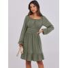 image:imageANRABESS Womens Dress Long Lantern Sleeve Square Neck Elastic Waist Ruffle Flowy Swing ALine Short Dresses 2025 Fall FashionArmy Green