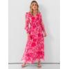 image:imageANRABESS Womens Floral Maxi Dress 2025 Fall V Neck Puff Long Sleeve Flowy Casual Wedding Guest Tea Party Tulle DressesPink Flower