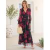 image:imageANRABESS Womens Floral Maxi Dress 2025 Fall V Neck Puff Long Sleeve Flowy Casual Wedding Guest Tea Party Tulle DressesRose Red Flower