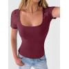 image:imageANRABESS Womens Short Sleeve Shirts Scoop Neck Lace Going Out Tops Slim Fit Rib Knit Casual Tee 2026 Summer Fashion OutfitsDeep Red