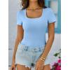 image:imageANRABESS Womens Short Sleeve Tops Built in Bra Summer T Shirts Scoop Neck Ribbed Knit Fitted Basic Tee Casual Going Out TopSky Bule