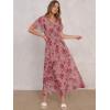 image:imageANRABESS Womens Summer Floral Maxi Dress Casual V Neck Short Sleeve Chiffon Boho Flowy Beach 2026 Wedding Guest Long DressesRose Red Flor