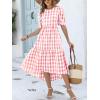 image:imageANRABESS Womens Summer Midi Dresses Casual 2026 Plaid Short Puff Sleeve High Low Flowy Beach Vacation Dress with PocketsPink White Plaid