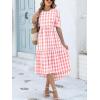 image:imageANRABESS Womens Summer Midi Dresses Casual 2026 Plaid Short Puff Sleeve High Low Flowy Beach Vacation Dress with PocketsPink White Plaid