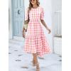 image:imageANRABESS Womens Summer Midi Dresses Casual 2026 Plaid Short Puff Sleeve High Low Flowy Beach Vacation Dress with PocketsPink White Plaid