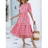 image:imageANRABESS Womens Summer Midi Dresses Casual 2026 Plaid Short Puff Sleeve High Low Flowy Beach Vacation Dress with PocketsRed White Plaid