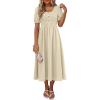 image:imageANRABESS Women Summer Casual Puff Short Sleeve Square Neck Smocked Button Up High Waist Flowy Vacation Midi Dresses amp PocketsBeige