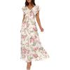 image:imageANRABESS Women V Neck Ruffle Sleeve Floral Pleated Maxi Dresses Summer Boho Belt Empire Waist Wedding Guest Party Flowy DressFloral Pink Rose
