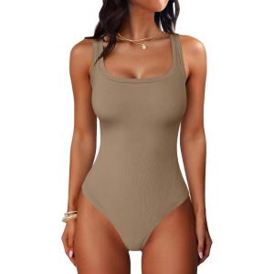 image:imageANRABESS Bodysuits for Women Summer Ribbed Knit Scoop Neck Sleeveless Sexy Slim Fitted Tank Tops 2026 Teen Girls Body SuitsDeep Khaki