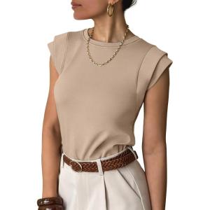 image:imageANRABESS Business Casual Tops for Womens Cap Sleeve Summer Dressy Shirts 2026 Trendy Work Office Outfits ClothingAlmond