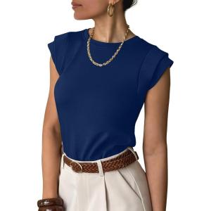 image:imageANRABESS Business Casual Tops for Womens Cap Sleeve Summer Dressy Shirts 2026 Trendy Work Office Outfits ClothingNavy Blue