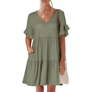 image:imageANRABESS Dresses for Women Summer 2026 V Neck Ruffle Sleeve A Line Tiered Flowy Casual Trendy Mini Beach Dress with PocketsArmy Green