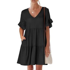 image:imageANRABESS Dresses for Women Summer 2026 V Neck Ruffle Sleeve A Line Tiered Flowy Casual Trendy Mini Beach Dress with PocketsBlack