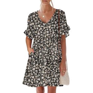image:imageANRABESS Dresses for Women Summer 2026 V Neck Ruffle Sleeve A Line Tiered Flowy Casual Trendy Mini Beach Dress with PocketsBlack White Floral