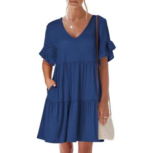 image:imageANRABESS Dresses for Women Summer 2026 V Neck Ruffle Sleeve A Line Tiered Flowy Casual Trendy Mini Beach Dress with PocketsBlue
