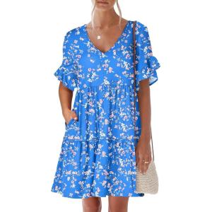 image:imageANRABESS Dresses for Women Summer 2026 V Neck Ruffle Sleeve A Line Tiered Flowy Casual Trendy Mini Beach Dress with PocketsBlue Pink Floral