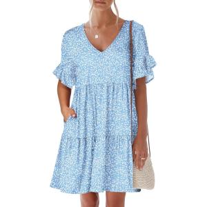 image:imageANRABESS Dresses for Women Summer 2026 V Neck Ruffle Sleeve A Line Tiered Flowy Casual Trendy Mini Beach Dress with PocketsBlue White Floral