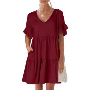 image:imageANRABESS Dresses for Women Summer 2026 V Neck Ruffle Sleeve A Line Tiered Flowy Casual Trendy Mini Beach Dress with PocketsBurgundy