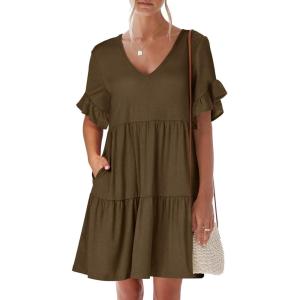 image:imageANRABESS Dresses for Women Summer 2026 V Neck Ruffle Sleeve A Line Tiered Flowy Casual Trendy Mini Beach Dress with PocketsCoffee