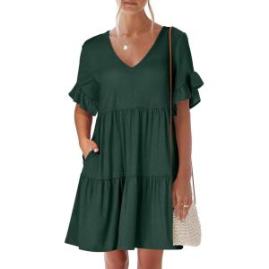 image:imageANRABESS Dresses for Women Summer 2026 V Neck Ruffle Sleeve A Line Tiered Flowy Casual Trendy Mini Beach Dress with PocketsDeep Green