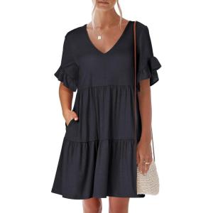 image:imageANRABESS Dresses for Women Summer 2026 V Neck Ruffle Sleeve A Line Tiered Flowy Casual Trendy Mini Beach Dress with PocketsDeep Navy Blue
