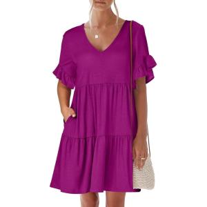 image:imageANRABESS Dresses for Women Summer 2026 V Neck Ruffle Sleeve A Line Tiered Flowy Casual Trendy Mini Beach Dress with PocketsFuchsia